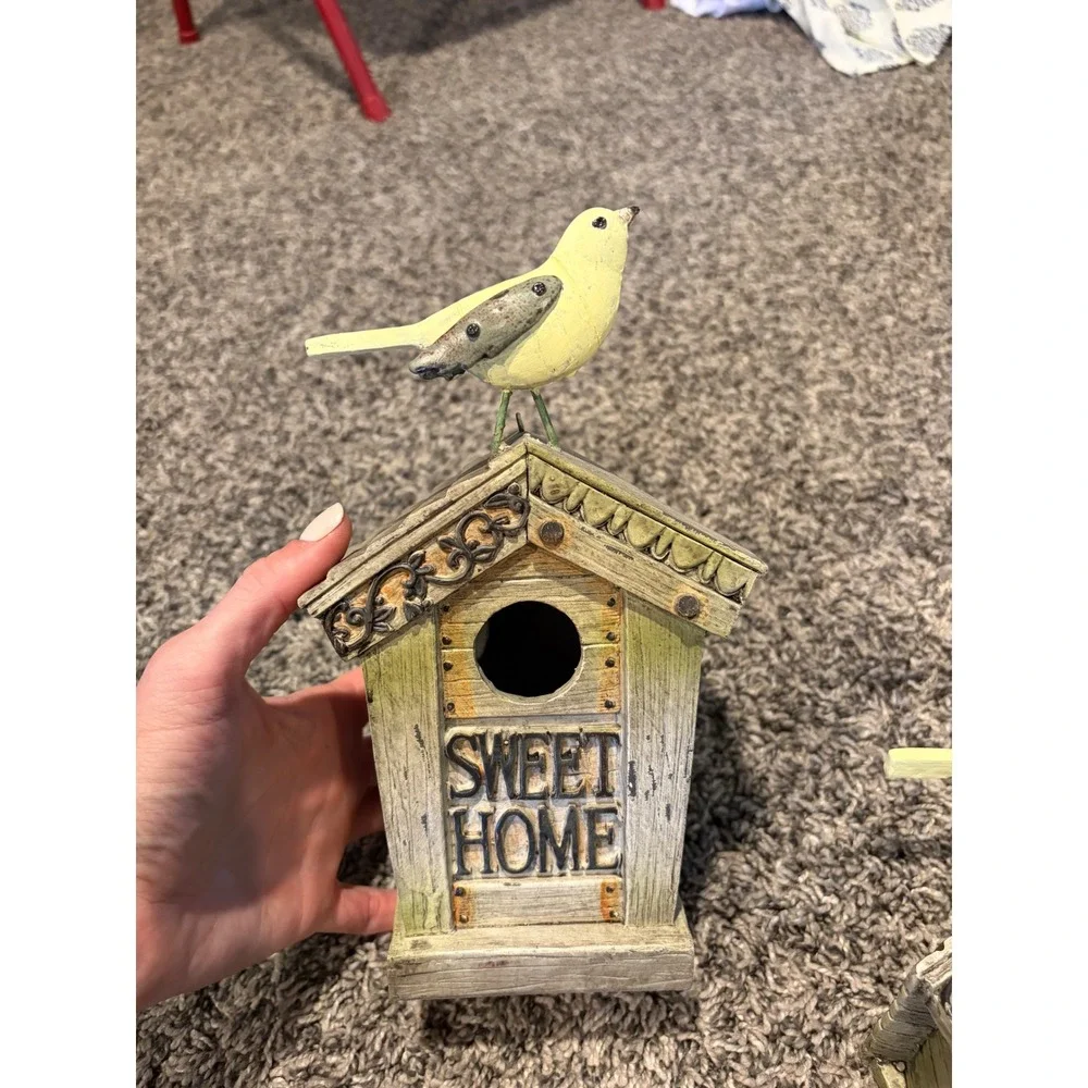 Set of 2 Rustic Sweet Home Birdhouse Figurines Yellow Bird Farmhouse Decor